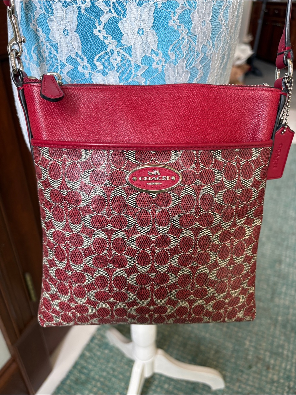 Coach  Crossbody bag  coated canvas body/red leather trim, Silvertone HW  NWOT